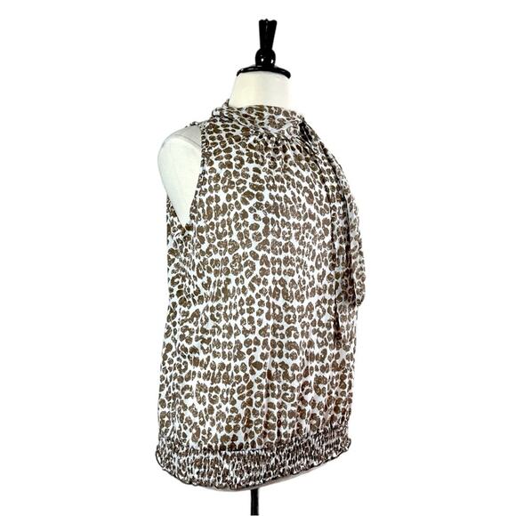 French Laundry Women’s Top High Tie Neck Blouson Tan White Animal Print Size XL - Picture 2 of 11